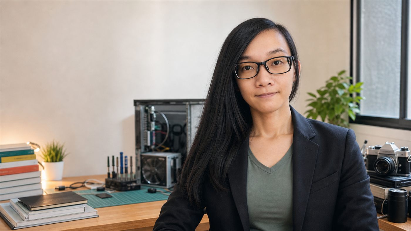 Friendly portrait of Sarah in a warm workspace with books, computer repair tools, and an analogue camera.