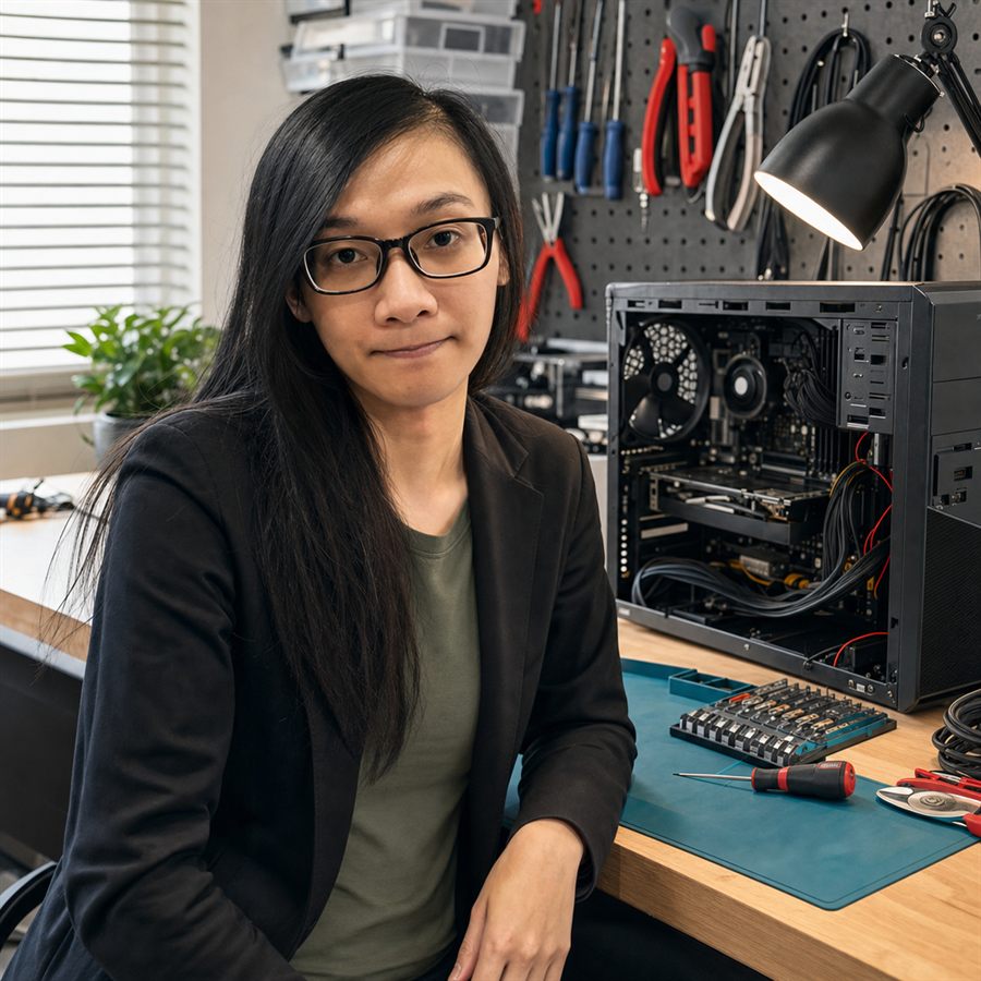Computer technician portrait beside an open desktop computer.