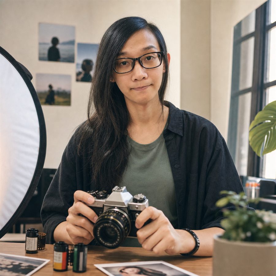 Film photographer portrait holding an analogue camera in natural window light.