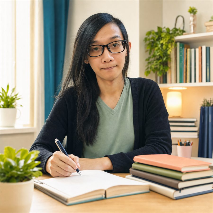 Friendly educator portrait in a calm learning workspace.